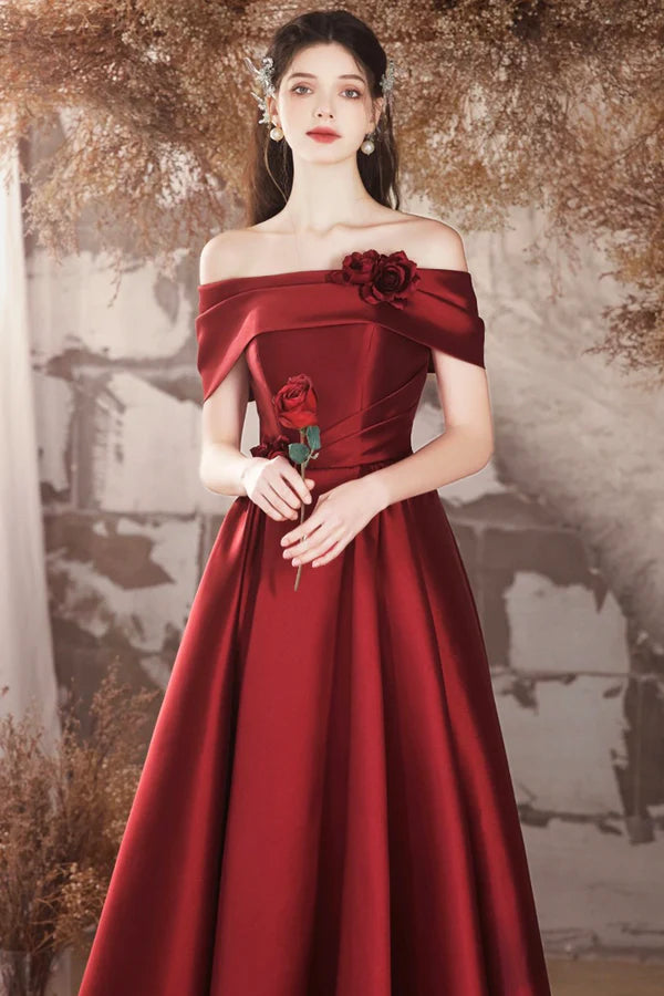 Wholesale Burgundy Satin Long A-Line Prom Dress Off the Shoulder Evening Party Dress